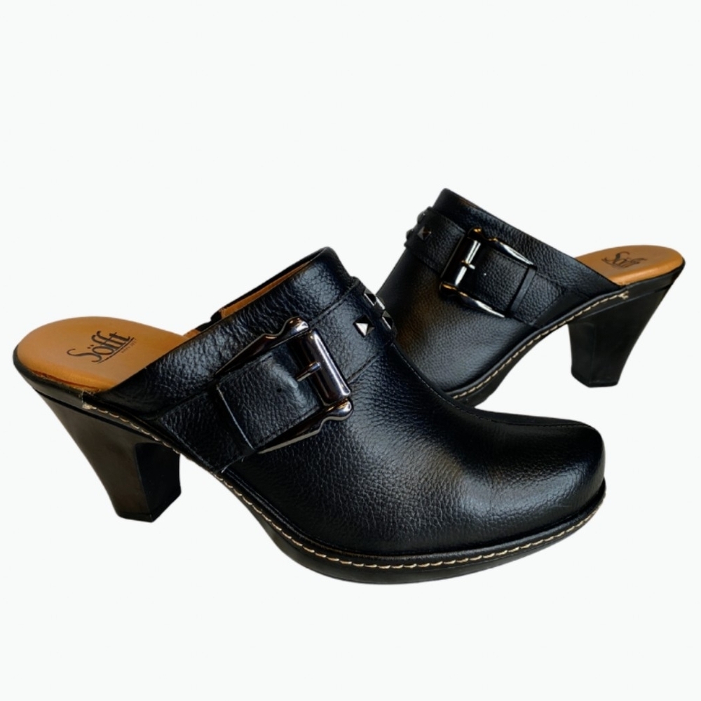 Sofft Black Leather Buckle & Studded Mules